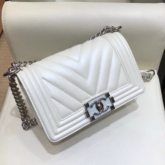 Small Boy Chanel Handbag Pearl White Lambskin Resin and Silver Metal