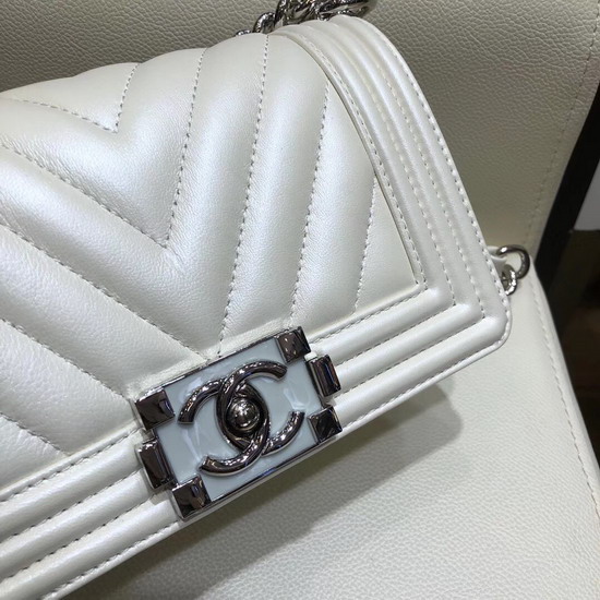 Small Boy Chanel Handbag Pearl White Lambskin Resin and Silver Metal