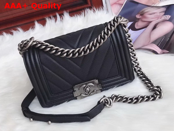 Small Boy Chanel Handbag in Black Chevron Caviar Calfskin Silver Hardware Replica