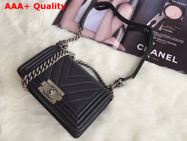 Small Boy Chanel Handbag in Black Chevron Caviar Calfskin Silver Hardware Replica