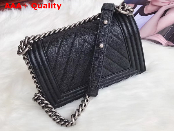 Small Boy Chanel Handbag in Black Chevron Caviar Calfskin Silver Hardware Replica