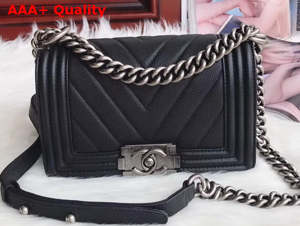 Small Boy Chanel Handbag in Black Chevron Caviar Calfskin Silver Hardware Replica