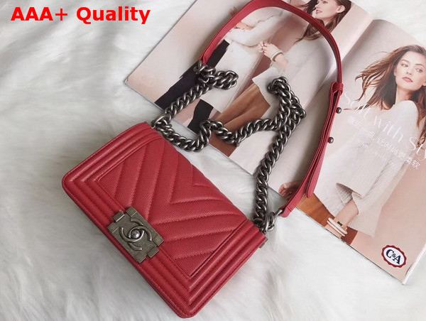 Small Boy Chanel Handbag in Red Chevron Caviar Calfskin Replica