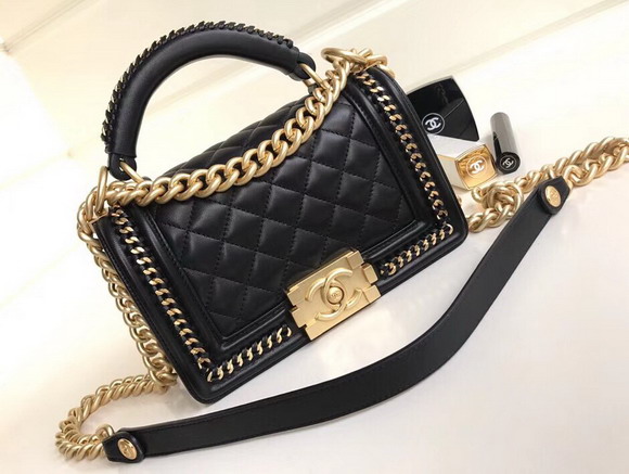 Small Boy Chanel Handbag with Top Handle Black Lambskin