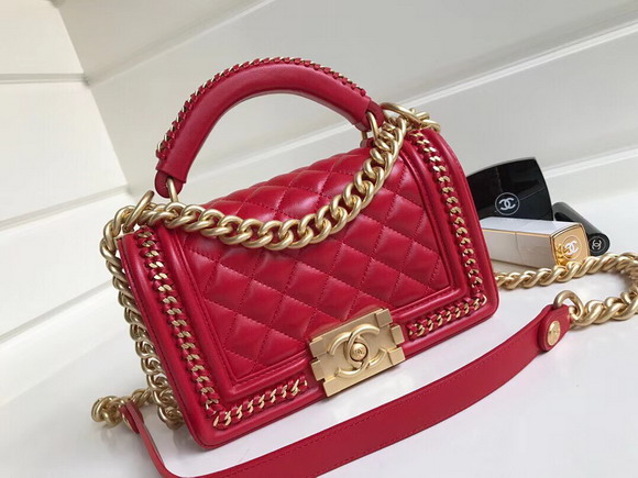 Small Boy Chanel Handbag with Top Handle Red Lambskin