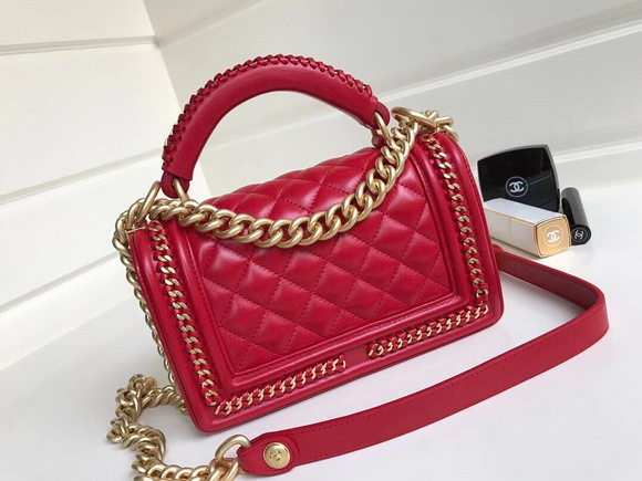 Small Boy Chanel Handbag with Top Handle Red Lambskin