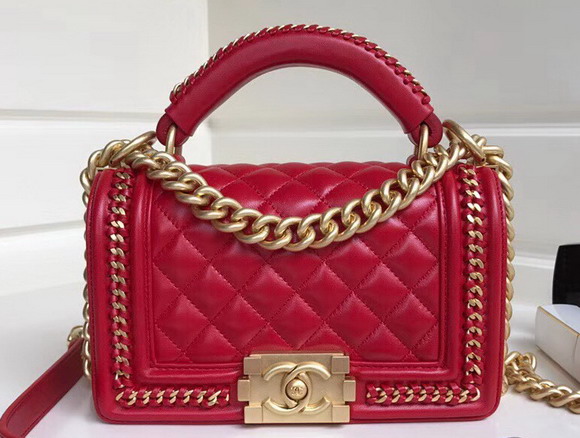 Small Boy Chanel Handbag with Top Handle Red Lambskin