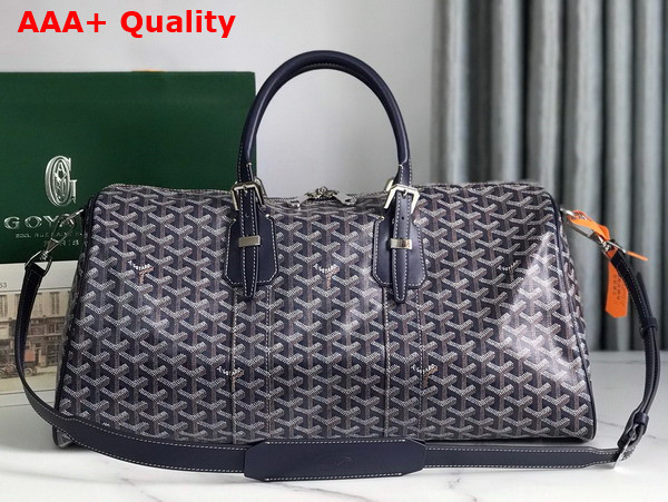 Goyard Boston 45 Bag in Navy Blue Goyardine Canvas and Cervon Calfskin Replica