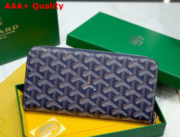 Goyard Matignon GM Wallet in Navy Blue Goyardine Canvas and Vauzelles Calfskin Replica