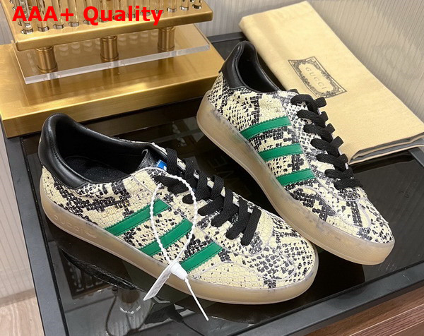 Adidas x Gucci Mens Gazelle Sneaker in Beige Leather with Snake Skin Details Replica