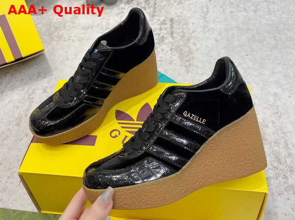 Adidas x Gucci Wedge Gazelle Sneaker in Black Velvet and Black Crocodile Leather Print 725627 Replica