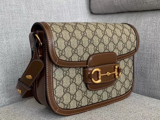 Gucci 1955 Horsebit Shoulder Bag in Beige Ebony GG Supreme Canvas with Brown Leather Trim 602204