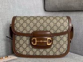 Gucci 1955 Horsebit Shoulder Bag in Beige Ebony GG Supreme Canvas with Brown Leather Trim 602204