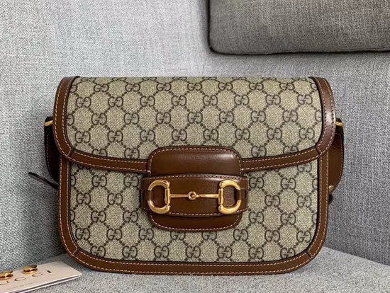 Gucci 1955 Horsebit Shoulder Bag in Beige Ebony GG Supreme Canvas with Brown Leather Trim 602204