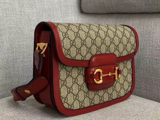 Gucci 1955 Horsebit Shoulder Bag in Beige Ebony GG Supreme Canvas with Red Leather Trim 602204