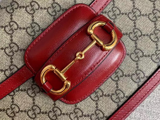 Gucci 1955 Horsebit Shoulder Bag in Beige Ebony GG Supreme Canvas with Red Leather Trim 602204