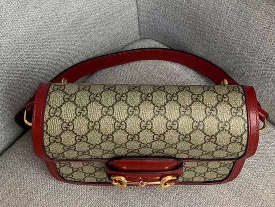 Gucci 1955 Horsebit Shoulder Bag in Beige Ebony GG Supreme Canvas with Red Leather Trim 602204