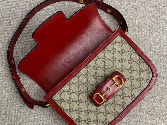 Gucci 1955 Horsebit Shoulder Bag in Beige Ebony GG Supreme Canvas with Red Leather Trim 602204