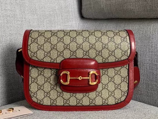 Gucci 1955 Horsebit Shoulder Bag in Beige Ebony GG Supreme Canvas with Red Leather Trim 602204