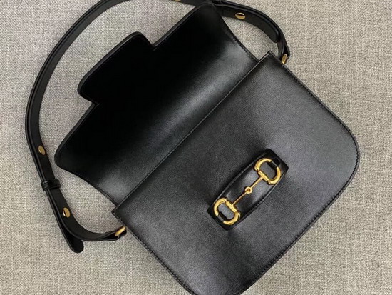 Gucci 1955 Horsebit Shoulder Bag in Black Textured Leather with a Vintage Effect 602204