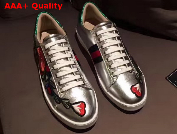 Gucci Ace Embroidered Low Top Sneaker with Floral Embroidery Metallic Silver Calfskin Leather For Men Replica