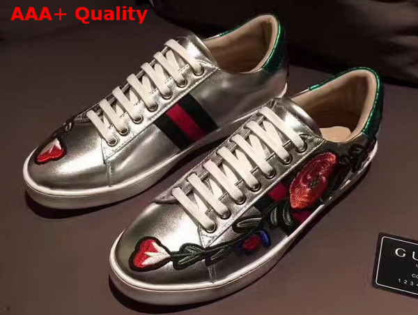 Gucci Ace Embroidered Low Top Sneaker with Floral Embroidery Metallic Silver Calfskin Leather For Men Replica