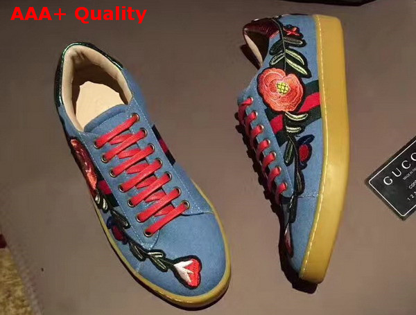 Gucci Ace Embroidered Low Top Sneaker with Floral Embroidery in Blue Denim Fabric For Men Replica