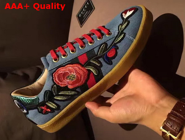 Gucci Ace Embroidered Low Top Sneaker with Floral Embroidery in Blue Denim Fabric For Men Replica