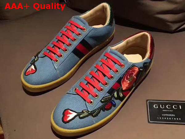 Gucci Ace Embroidered Low Top Sneaker with Floral Embroidery in Blue Denim Fabric For Men Replica