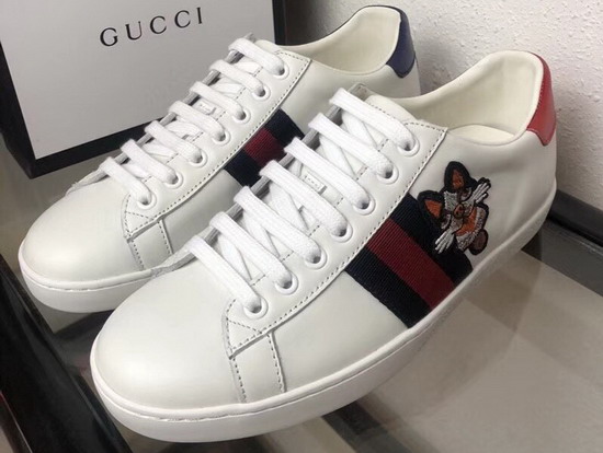 Gucci Ace Leather Sneaker in White with Embroidered Dog