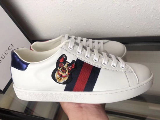 Gucci Ace Leather Sneaker in White with Embroidered Dog