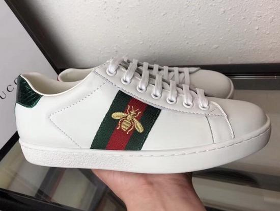 Gucci Ace Leather Sneaker with Gold Embroidered Bee