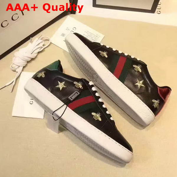 Gucci Ace Low Top Sneaker in Black with Gold Thread Embroidered Bees and Stars Replica