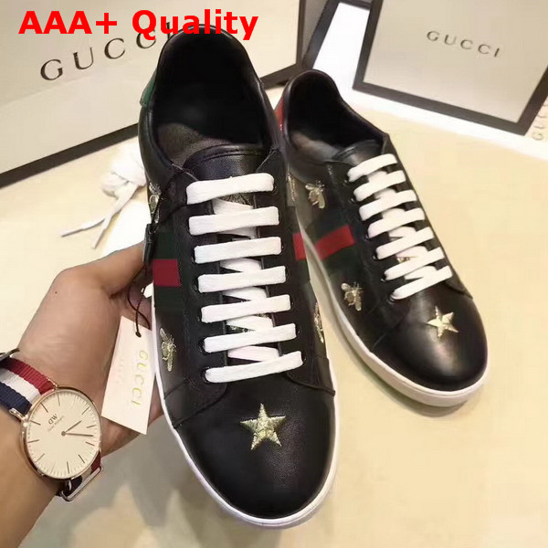 Gucci Ace Low Top Sneaker in Black with Gold Thread Embroidered Bees and Stars Replica