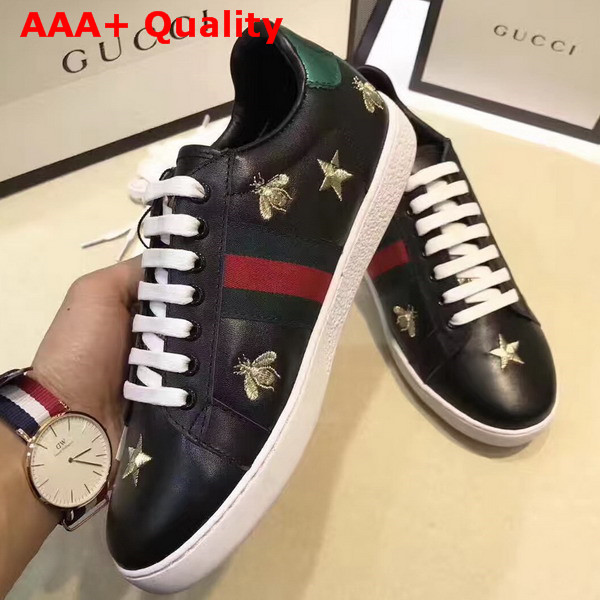 Gucci Ace Low Top Sneaker in Black with Gold Thread Embroidered Bees and Stars Replica