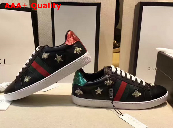 Gucci Ace Low Top Sneaker in Black with Gold Thread Embroidered Bees and Stars Replica