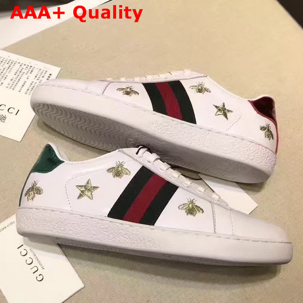 Gucci Ace Low Top Sneaker in White with Gold Thread Embroidered Bees and Stars Replica