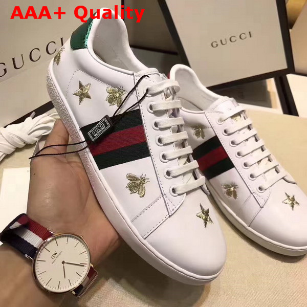 Gucci Ace Low Top Sneaker in White with Gold Thread Embroidered Bees and Stars Replica