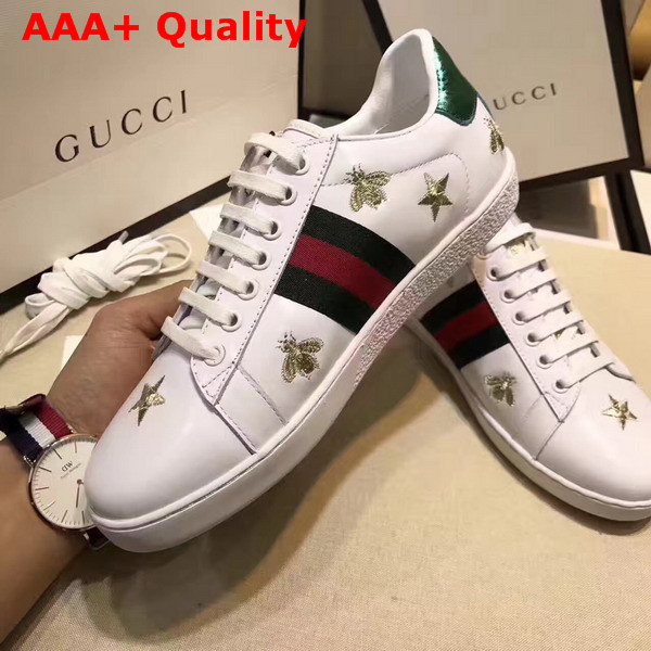 Gucci Ace Low Top Sneaker in White with Gold Thread Embroidered Bees and Stars Replica