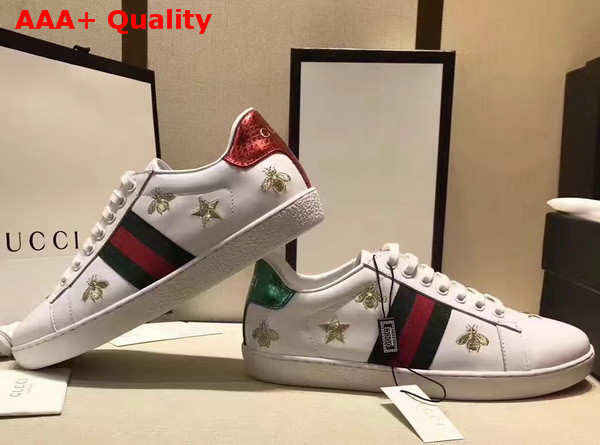 Gucci Ace Low Top Sneaker in White with Gold Thread Embroidered Bees and Stars Replica