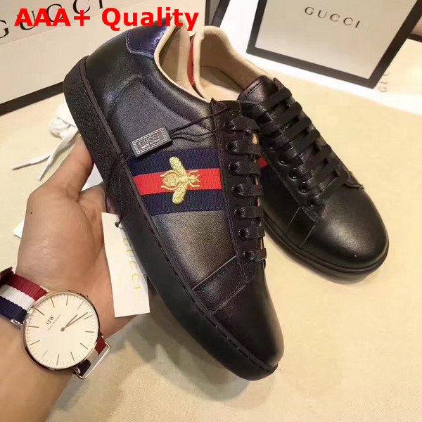 Gucci Ace Low Top Sneaker with Gold Thread Embroidered Bees Black Leather Replica