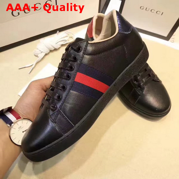 Gucci Ace Low Top Sneaker with Gold Thread Embroidered Bees Black Leather Replica