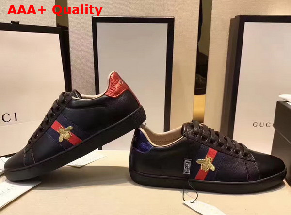 Gucci Ace Low Top Sneaker with Gold Thread Embroidered Bees Black Leather Replica