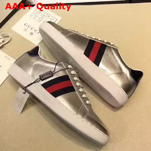 Gucci Ace Metallic Leather Sneaker with Web Detail Silver Metallic Leather Replica