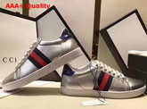 Gucci Ace Metallic Leather Sneaker with Web Detail Silver Metallic Leather Replica