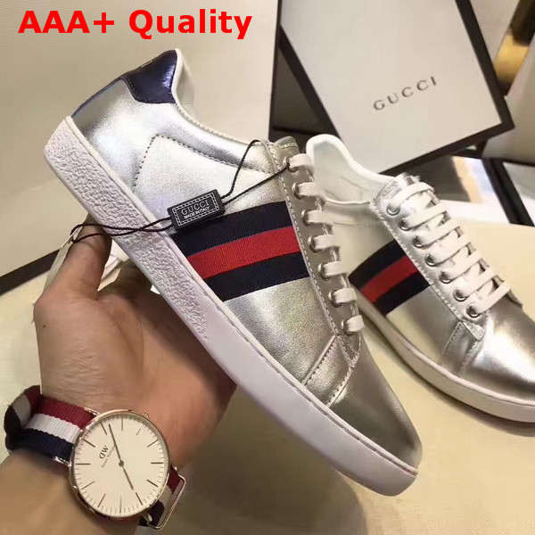 Gucci Ace Metallic Leather Sneaker with Web Detail Silver Metallic Leather Replica