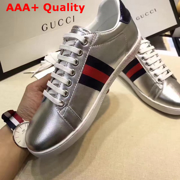 Gucci Ace Metallic Leather Sneaker with Web Detail Silver Metallic Leather Replica