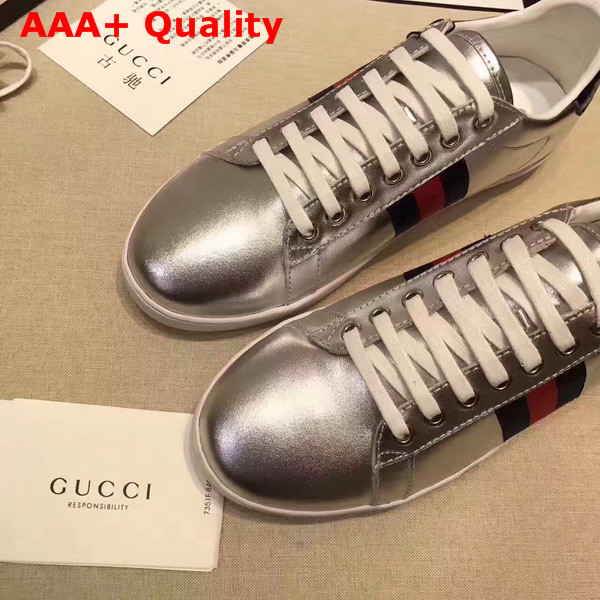 Gucci Ace Metallic Leather Sneaker with Web Detail Silver Metallic Leather Replica