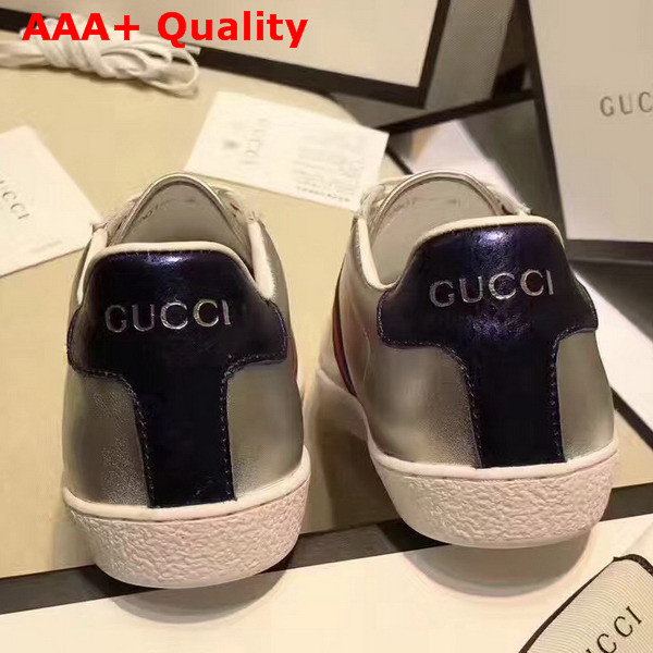 Gucci Ace Metallic Leather Sneaker with Web Detail Silver Metallic Leather Replica