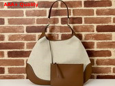 Gucci B Medium Shoulder Bag in Natural Cotton Linen Canvas and Brown Leather Trim 815924 Replica